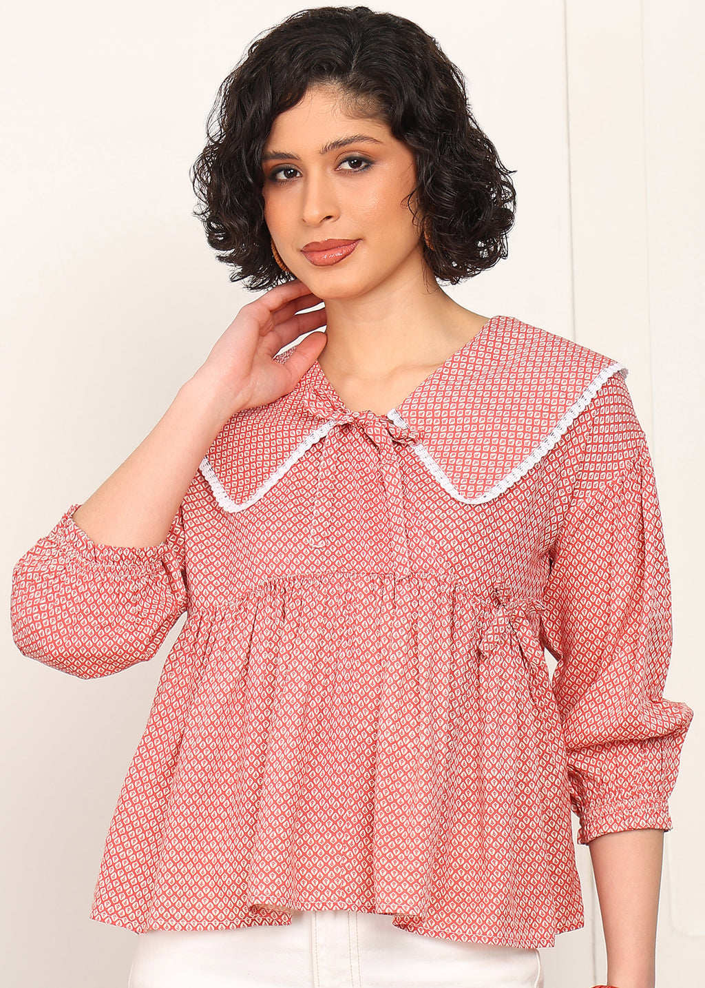 Women Red Printed Peplum Top | Stylish Collar Neck Casual Top for Women | 3/4 Sleeve Trendy Top