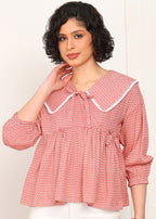 Women Red Printed Peplum Top | Stylish Collar Neck Casual Top for Women | 3/4 Sleeve Trendy Top