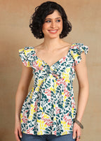 Women Floral Printed Sleeveless Top with Ruffle Shoulder & Tie-Up Neck | Stylish Casual Summer Top for Women MOMETOX