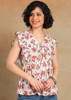 Women Floral Printed Sleeveless Ruffle Top | V-Neck Tie-Up Casual Peplum Style Summer Top for Women & Girls MOMETOX