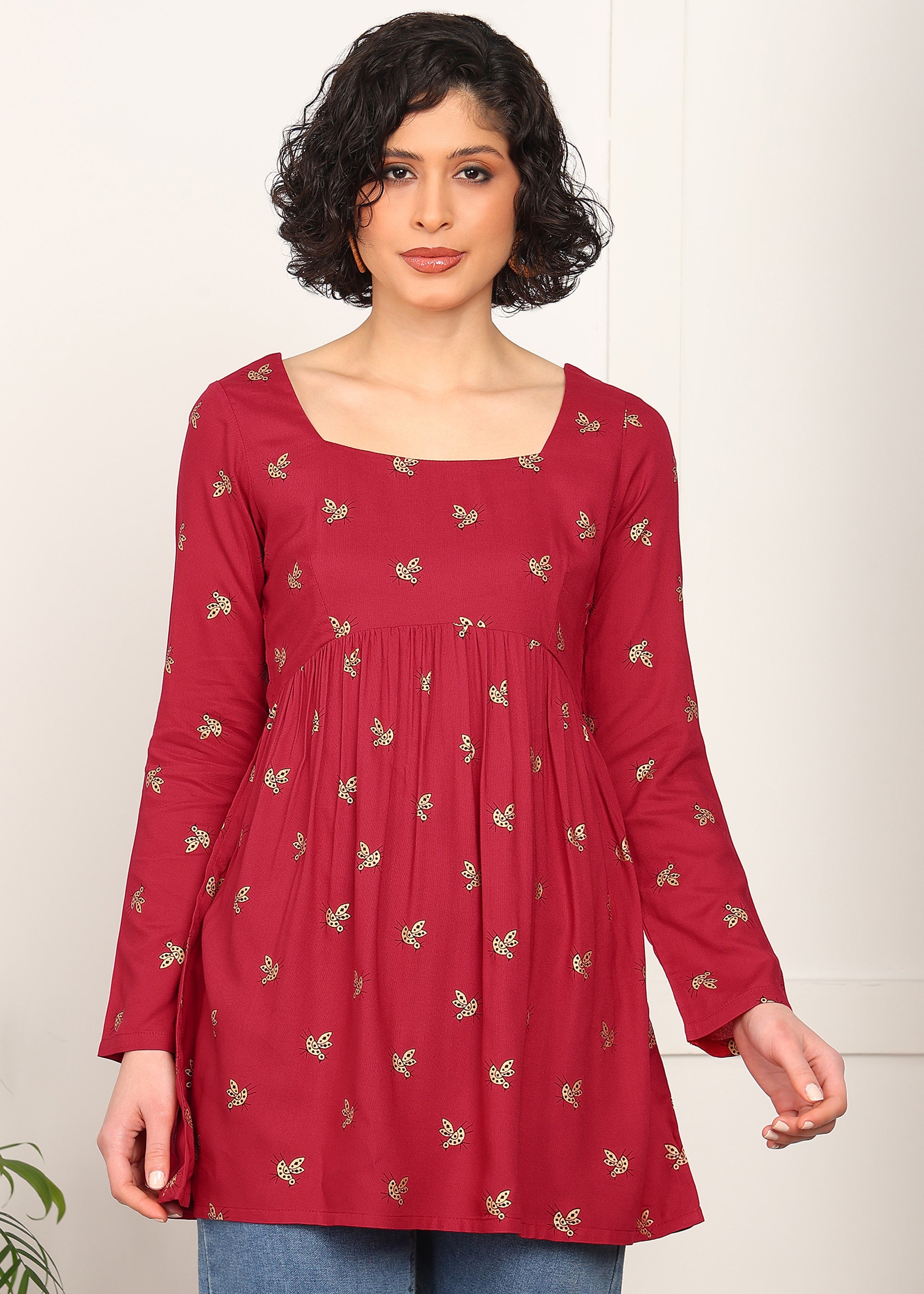 Women Red Printed Empire Waist Tunic Top