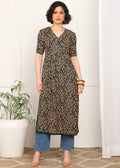 Women Black Floral Printed V-Neck Long Kurti MOMETOX