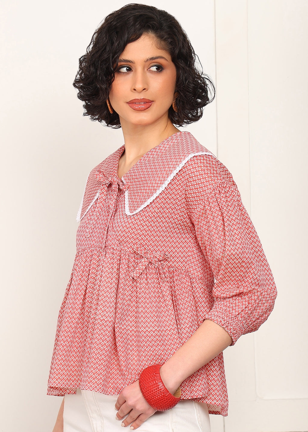 Women Red Printed Peplum Top | Stylish Collar Neck Casual Top for Women | 3/4 Sleeve Trendy Top