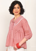 Women Red Printed Peplum Top | Stylish Collar Neck Casual Top for Women | 3/4 Sleeve Trendy Top