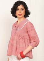 Women Red Printed Peplum Top | Stylish Collar Neck Casual Top for Women | 3/4 Sleeve Trendy Top