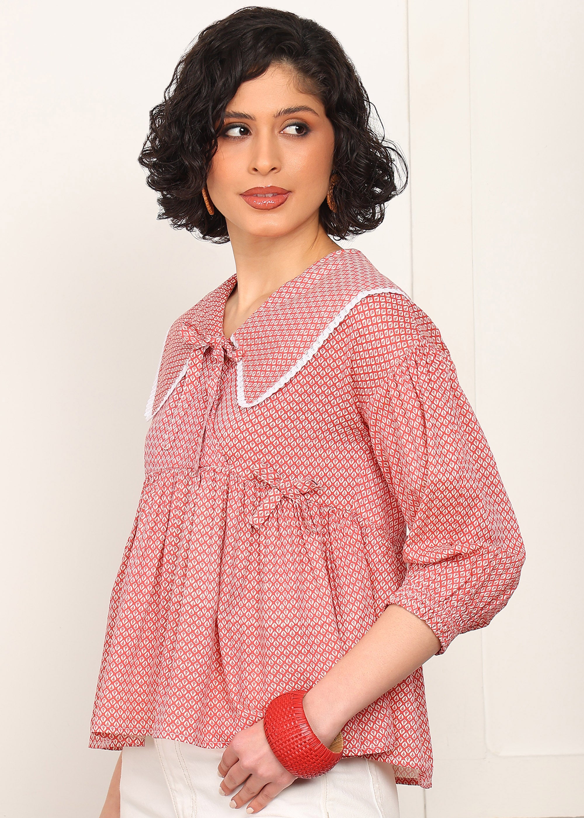 Women Red Printed Peplum Top | Stylish Collar Neck Casual Top for Women | 3/4 Sleeve Trendy Top