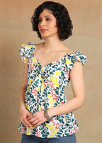 Women Floral Printed Sleeveless Top with Ruffle Shoulder & Tie-Up Neck | Stylish Casual Summer Top for Women MOMETOX