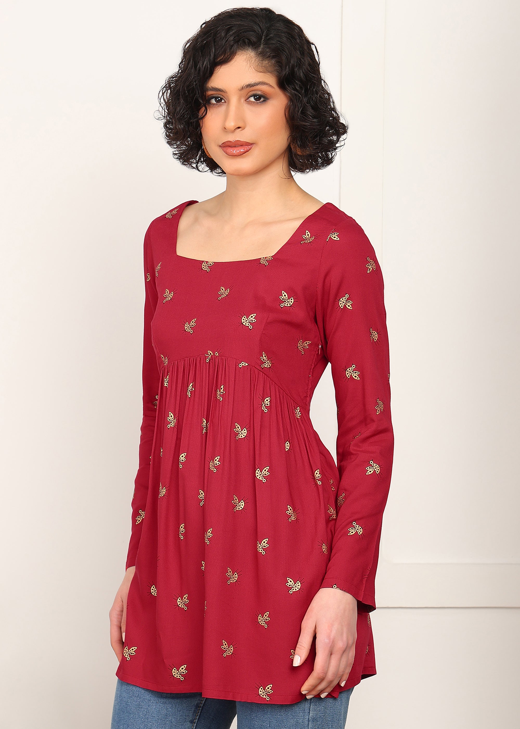 Women Red Printed Empire Waist Tunic Top