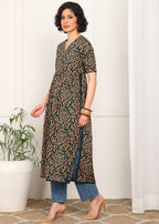 Women Black Floral Printed V-Neck Long Kurti MOMETOX