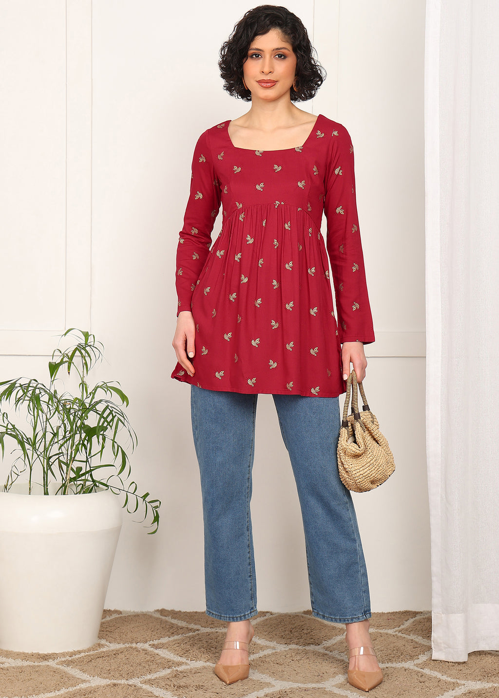 Women Red Printed Empire Waist Tunic Top