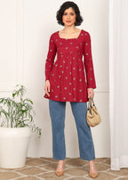 Women Red Printed Empire Waist Tunic Top