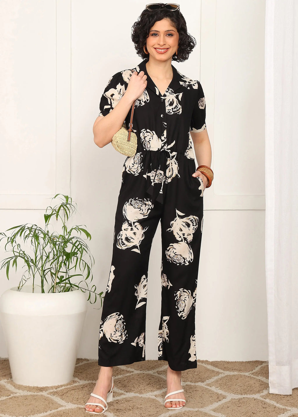 Women Floral Printed Jumpsuit with Waist Tie-Up | Short Sleeve Casual Jumpsuit for Women | Stylish One Piece Outfit with Pockets MOMETOX