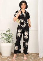 Women Floral Printed Jumpsuit with Waist Tie-Up | Short Sleeve Casual Jumpsuit for Women | Stylish One Piece Outfit with Pockets MOMETOX