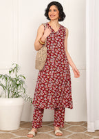 Women Sleeveless Red Floral Printed Kurti Pant Set