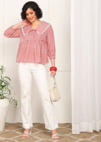 Women Red Printed Peplum Top | Stylish Collar Neck Casual Top for Women | 3/4 Sleeve Trendy Top