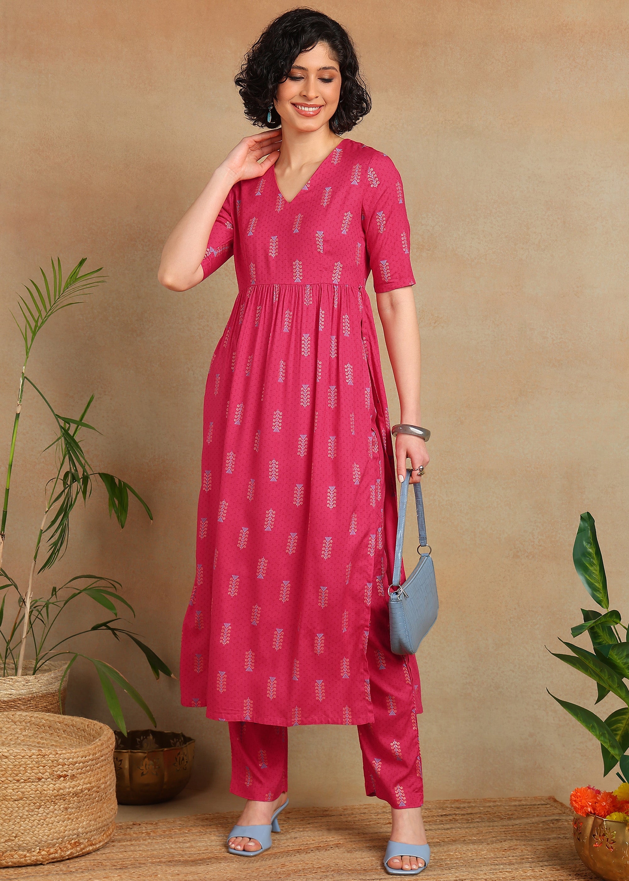 Women Printed Kurta Pant Set | V Neck Straight Kurta with Pant | Casual Ethnic Wear Kurti Set for Women