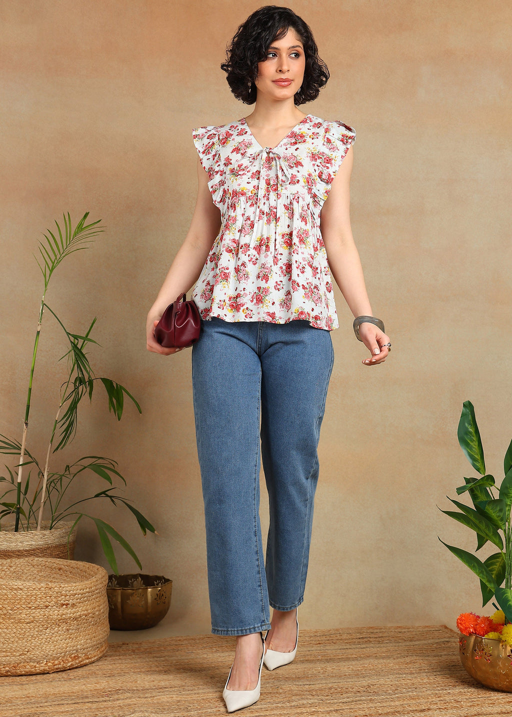 Women Floral Printed Sleeveless Ruffle Top | V-Neck Tie-Up Casual Peplum Style Summer Top for Women & Girls MOMETOX