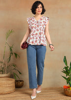 Women Floral Printed Sleeveless Ruffle Top | V-Neck Tie-Up Casual Peplum Style Summer Top for Women & Girls MOMETOX
