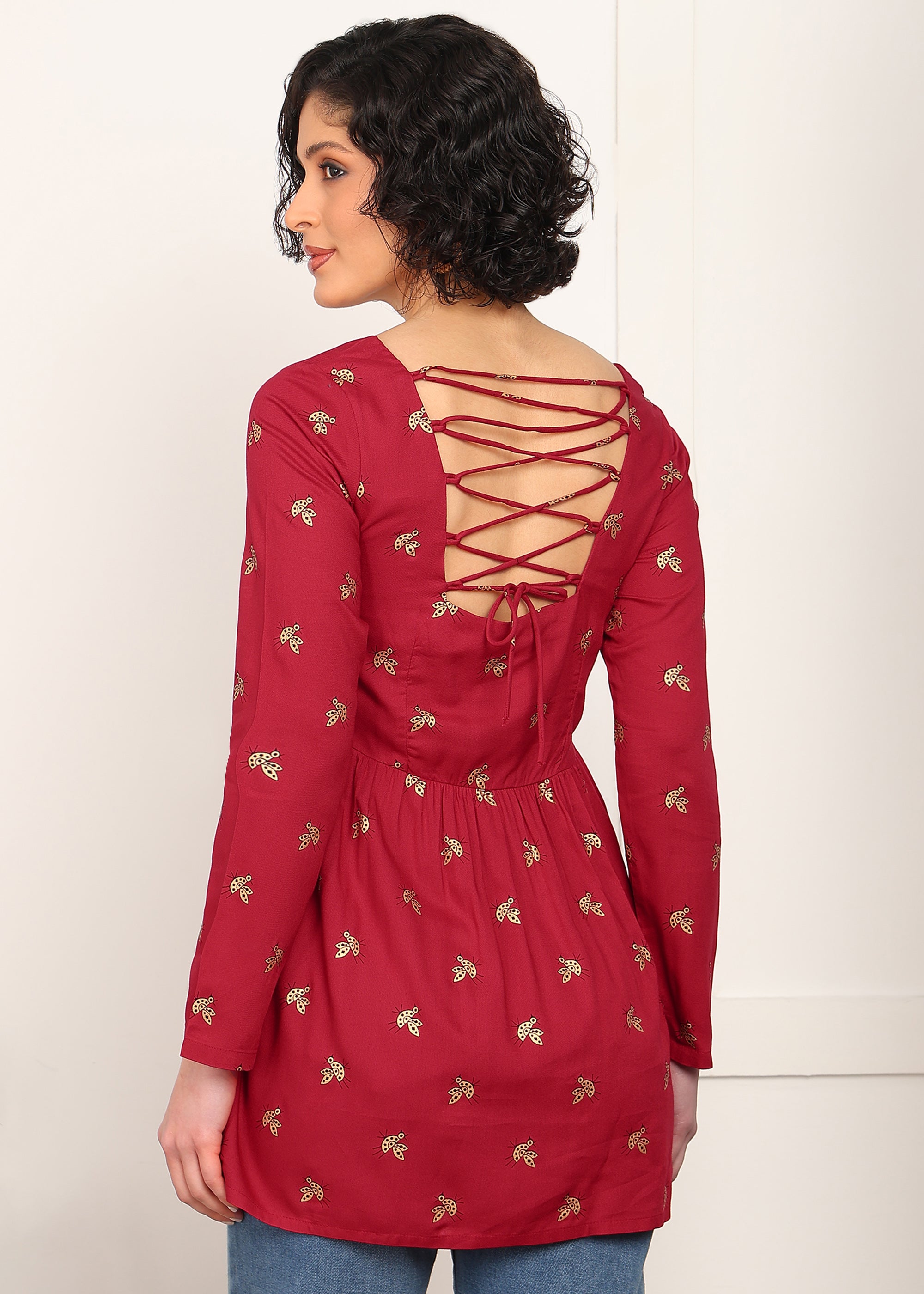 Women Red Printed Empire Waist Tunic Top