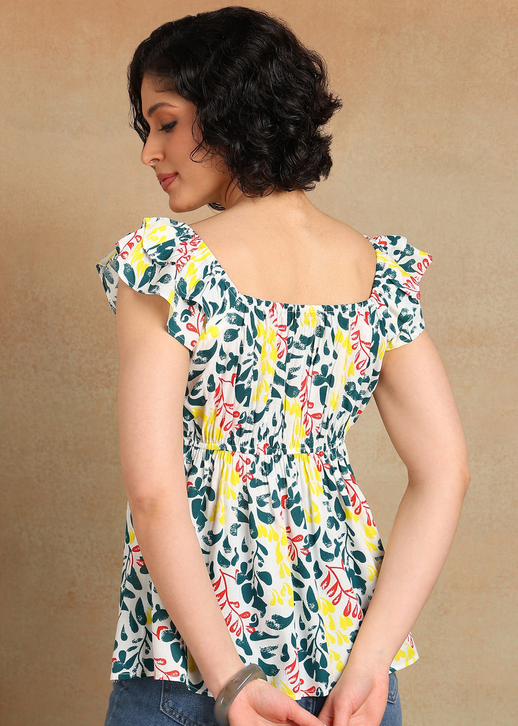 Women Floral Printed Sleeveless Top with Ruffle Shoulder & Tie-Up Neck | Stylish Casual Summer Top for Women MOMETOX