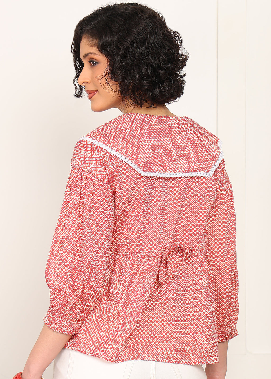 Women Red Printed Peplum Top | Stylish Collar Neck Casual Top for Women | 3/4 Sleeve Trendy Top