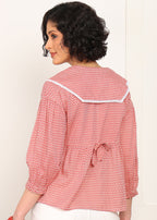 Women Red Printed Peplum Top | Stylish Collar Neck Casual Top for Women | 3/4 Sleeve Trendy Top