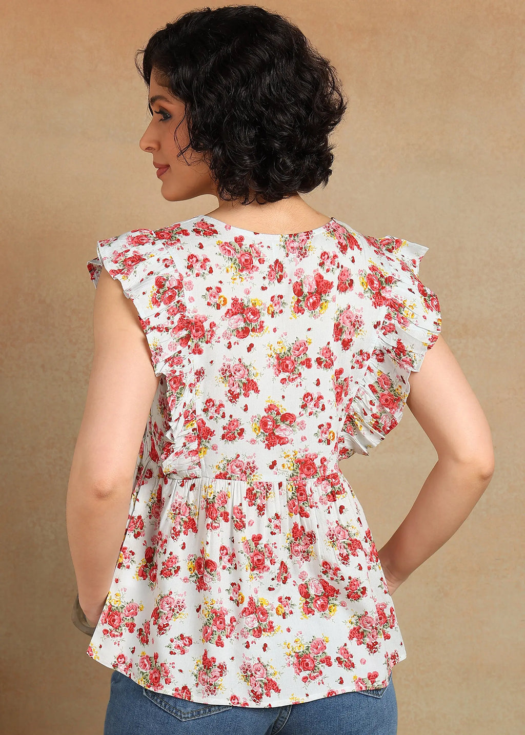 Women Floral Printed Sleeveless Ruffle Top | V-Neck Tie-Up Casual Peplum Style Summer Top for Women & Girls MOMETOX