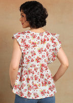 Women Floral Printed Sleeveless Ruffle Top | V-Neck Tie-Up Casual Peplum Style Summer Top for Women & Girls MOMETOX