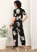 Women Floral Printed Jumpsuit with Waist Tie-Up | Short Sleeve Casual Jumpsuit for Women | Stylish One Piece Outfit with Pockets MOMETOX