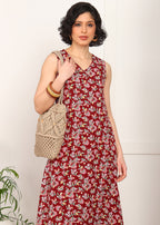 Women Sleeveless Red Floral Printed Kurti Pant Set