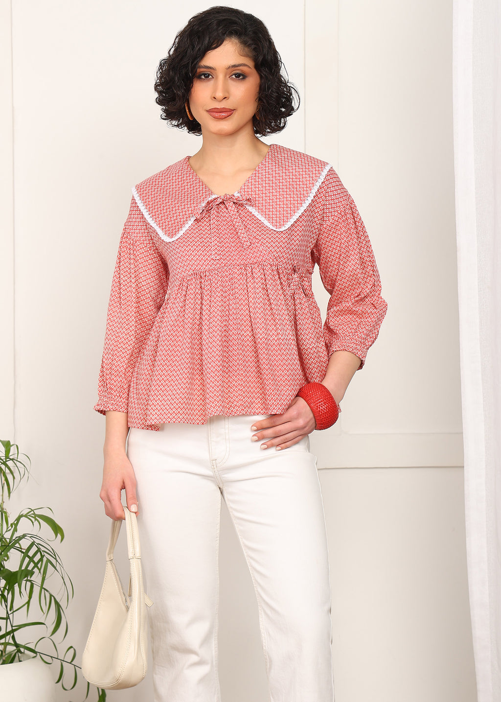 Women Red Printed Peplum Top | Stylish Collar Neck Casual Top for Women | 3/4 Sleeve Trendy Top