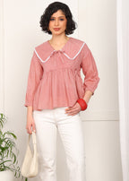 Women Red Printed Peplum Top | Stylish Collar Neck Casual Top for Women | 3/4 Sleeve Trendy Top