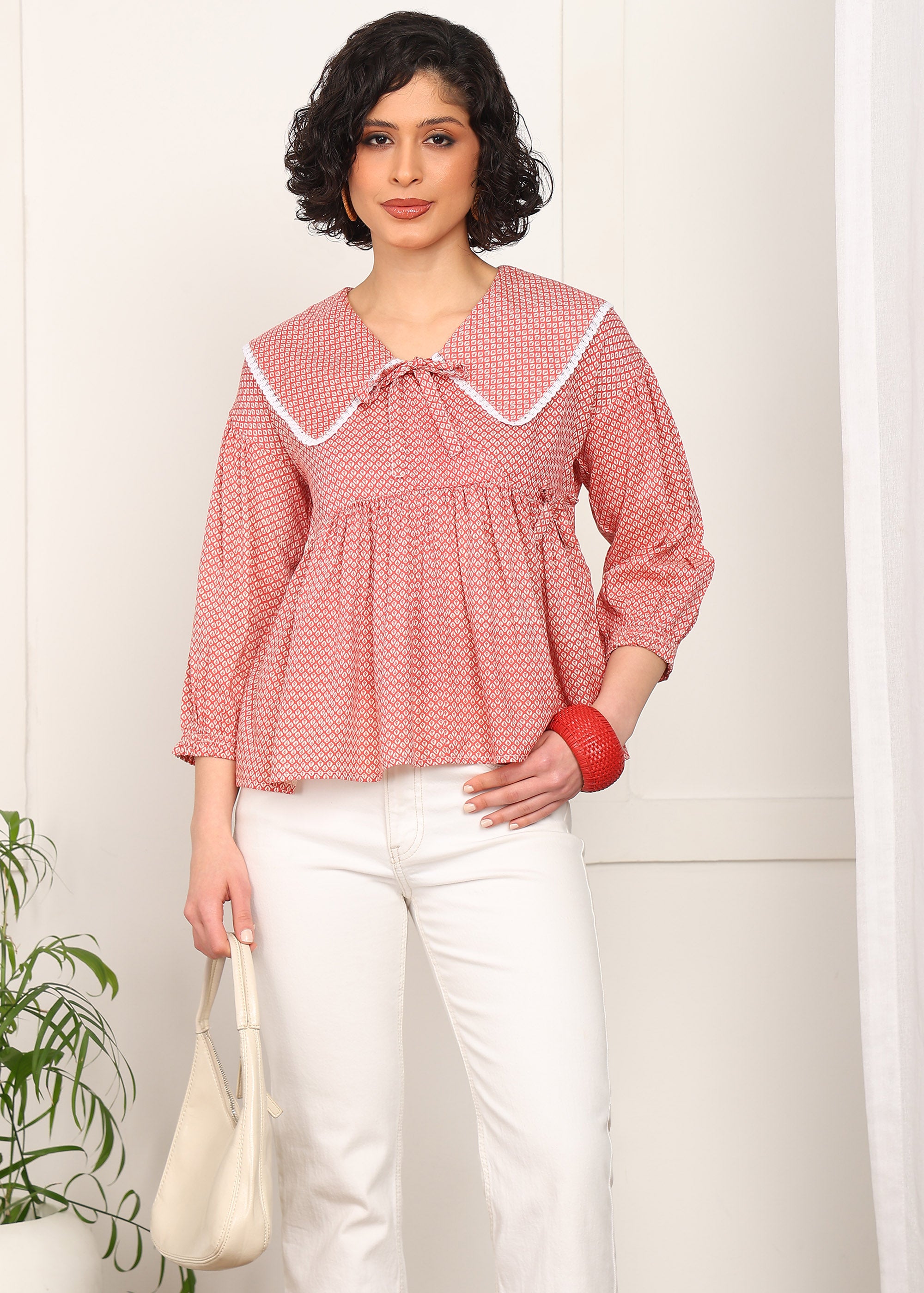 Women Red Printed Peplum Top | Stylish Collar Neck Casual Top for Women | 3/4 Sleeve Trendy Top