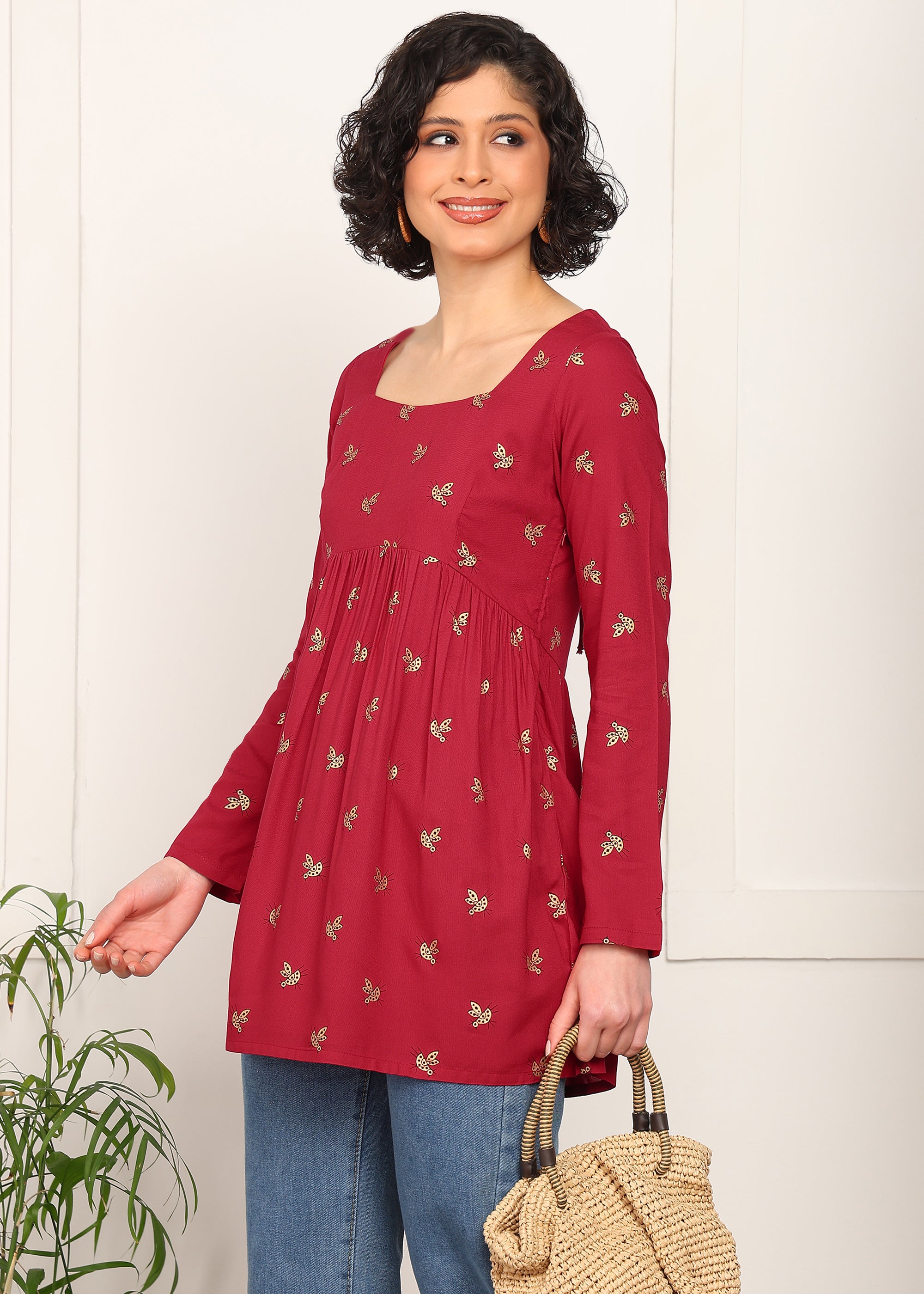 Women Red Printed Empire Waist Tunic Top