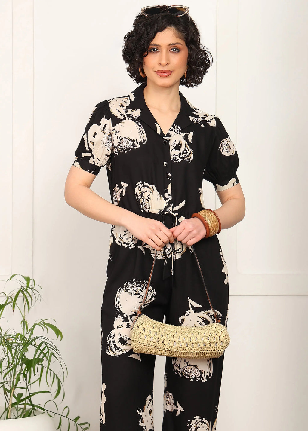 Women Floral Printed Jumpsuit with Waist Tie-Up | Short Sleeve Casual Jumpsuit for Women | Stylish One Piece Outfit with Pockets MOMETOX