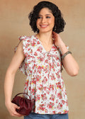 Women Floral Printed Sleeveless Ruffle Top | V-Neck Tie-Up Casual Peplum Style Summer Top for Women & Girls MOMETOX