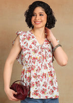 Women Floral Printed Sleeveless Ruffle Top | V-Neck Tie-Up Casual Peplum Style Summer Top for Women & Girls MOMETOX