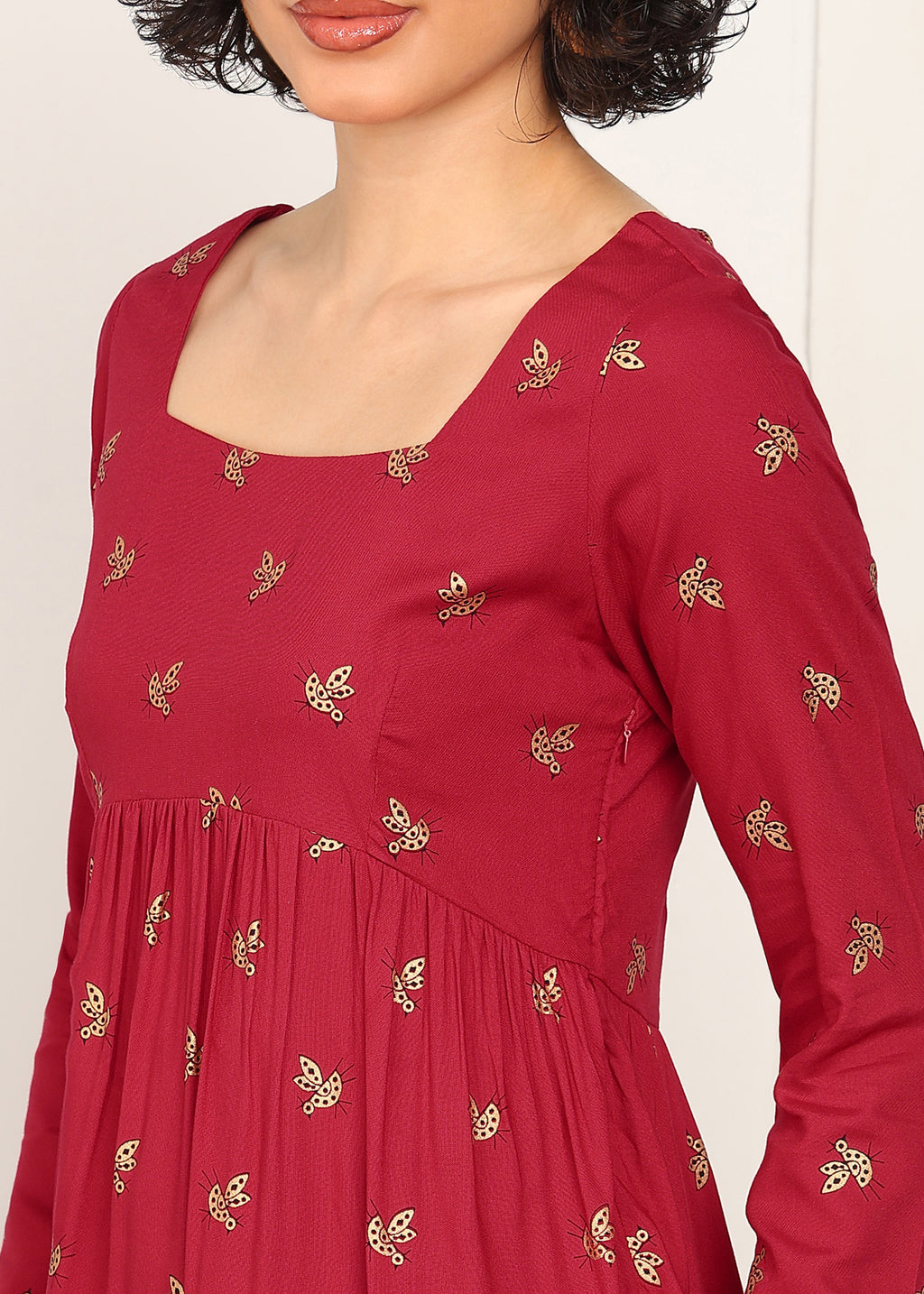 Women Red Printed Empire Waist Tunic Top