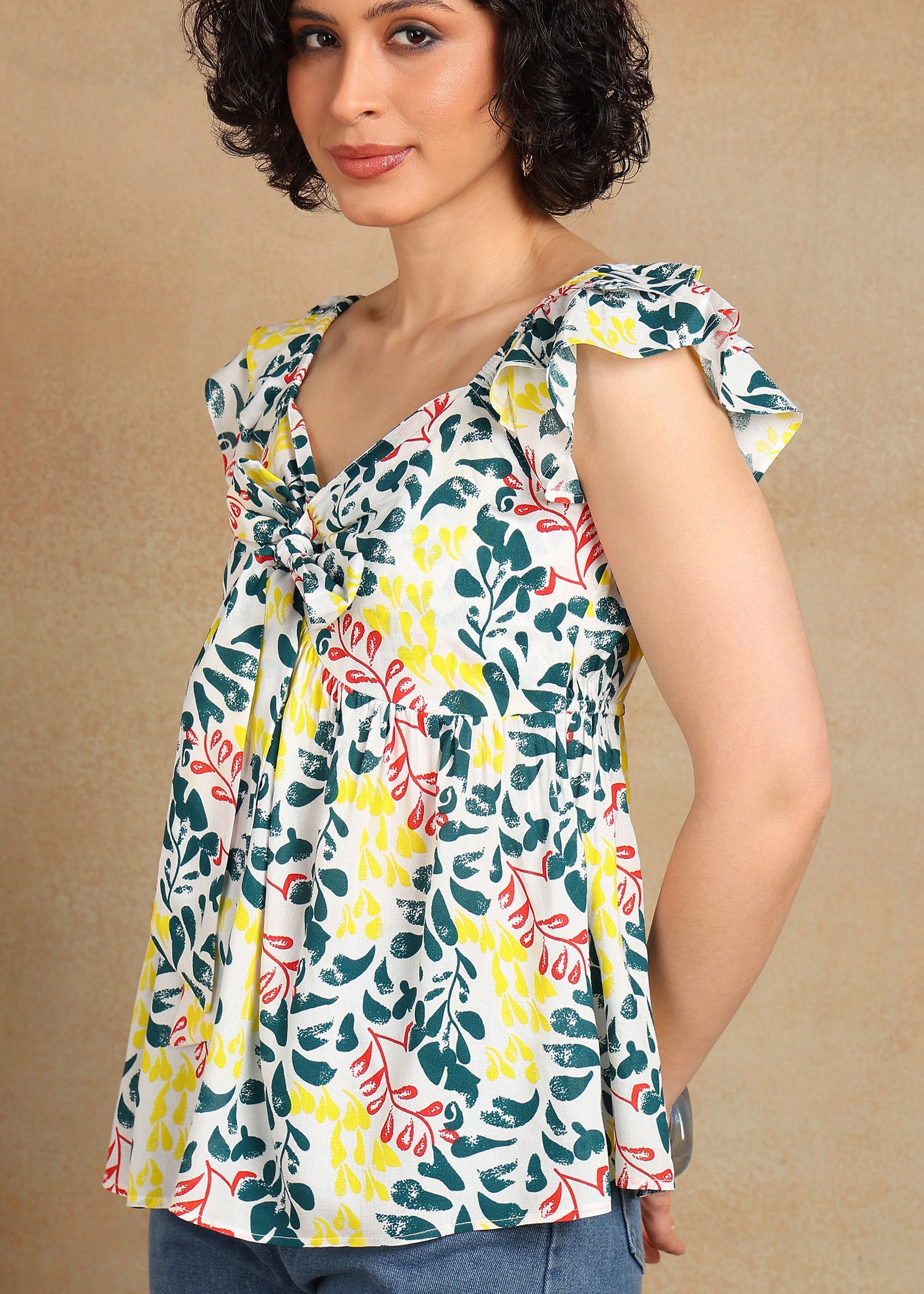 Women Floral Printed Sleeveless Top with Ruffle Shoulder & Tie-Up Neck | Stylish Casual Summer Top for Women MOMETOX