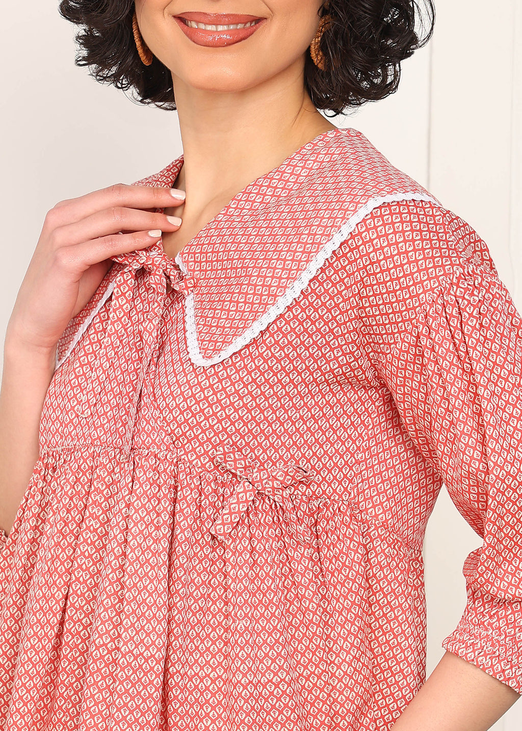 Women Red Printed Peplum Top | Stylish Collar Neck Casual Top for Women | 3/4 Sleeve Trendy Top