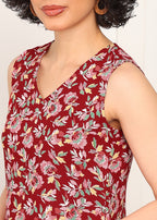 Women Sleeveless Red Floral Printed Kurti Pant Set