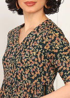 Women Black Floral Printed V-Neck Long Kurti MOMETOX