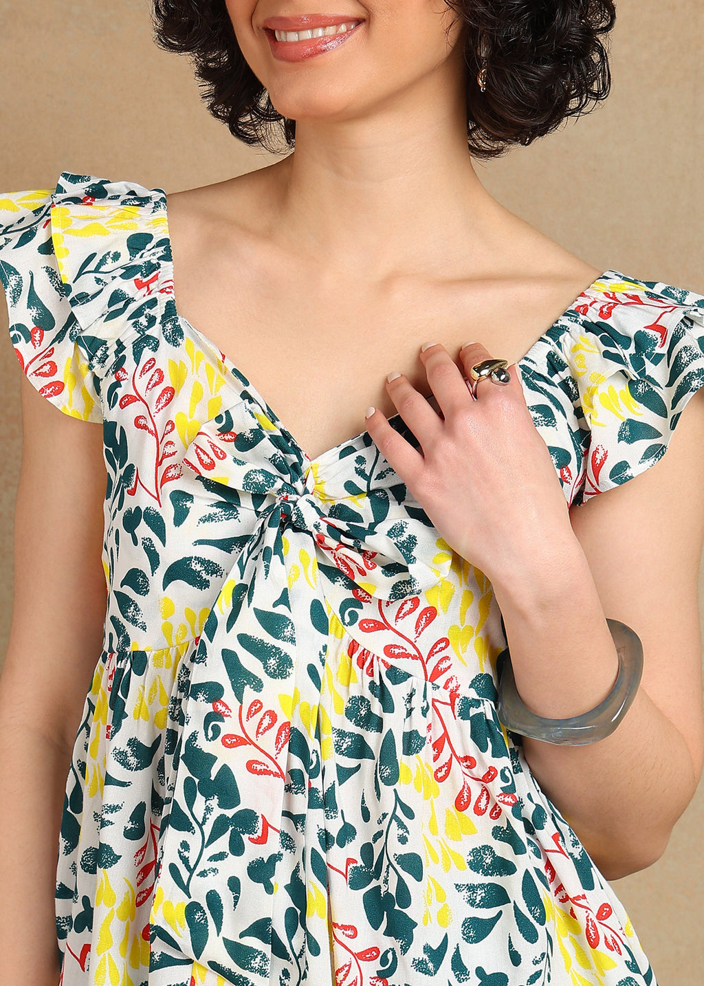 Women Floral Printed Sleeveless Top with Ruffle Shoulder & Tie-Up Neck | Stylish Casual Summer Top for Women MOMETOX